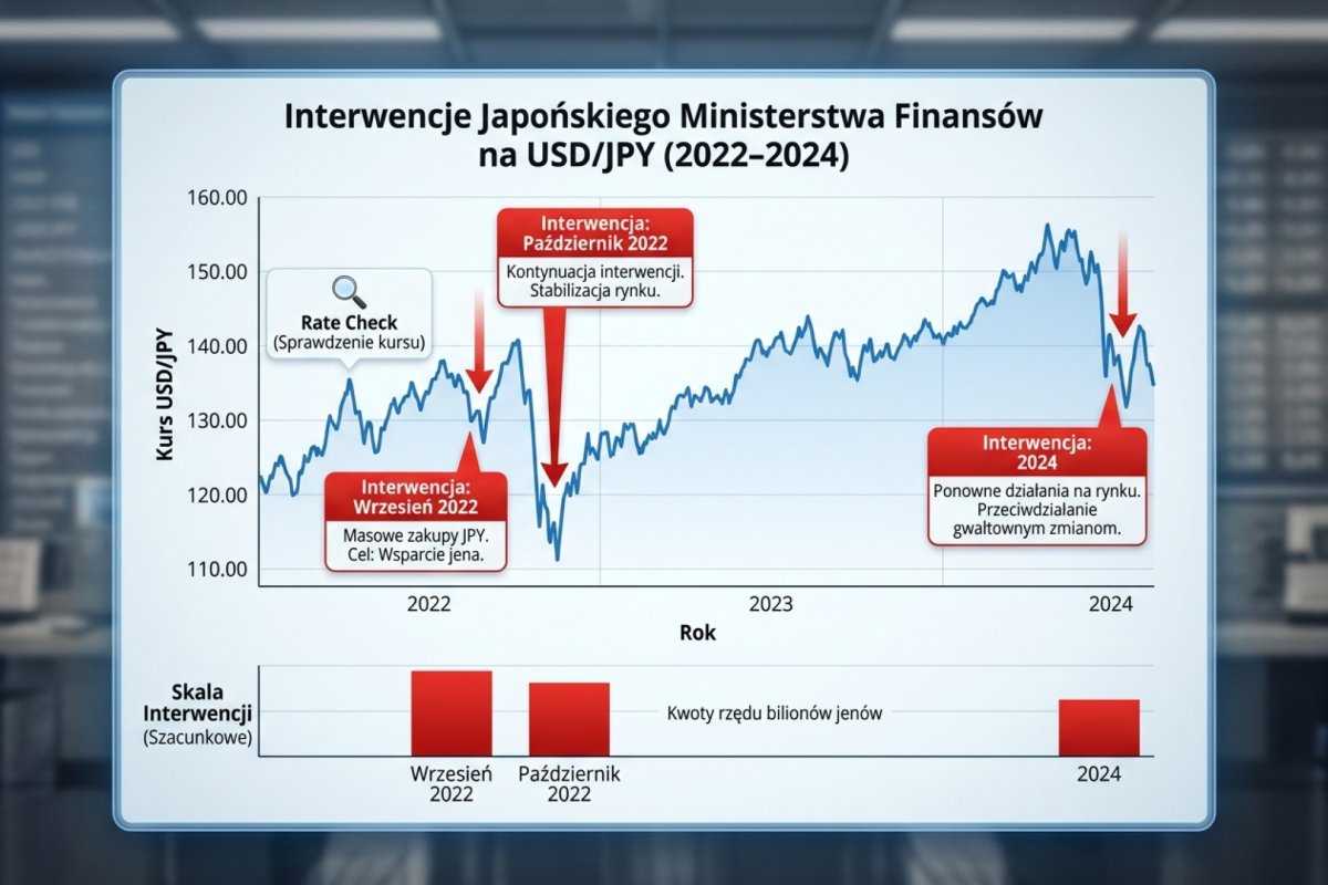 Interwencje japońskiego Ministerstwa Finansów na USD/JPY w latach 2022–2024 — rate check, operacje z września i października 2022 oraz z 2024 roku na tle kursu