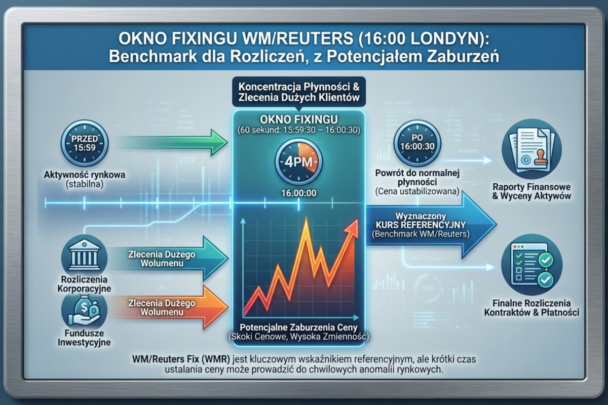 London 4pm Fix — okno fixingu WM/Reuters jako benchmark dla rozliczeń korporacyjnych i funduszy, z potencjalnymi zaburzeniami ceny