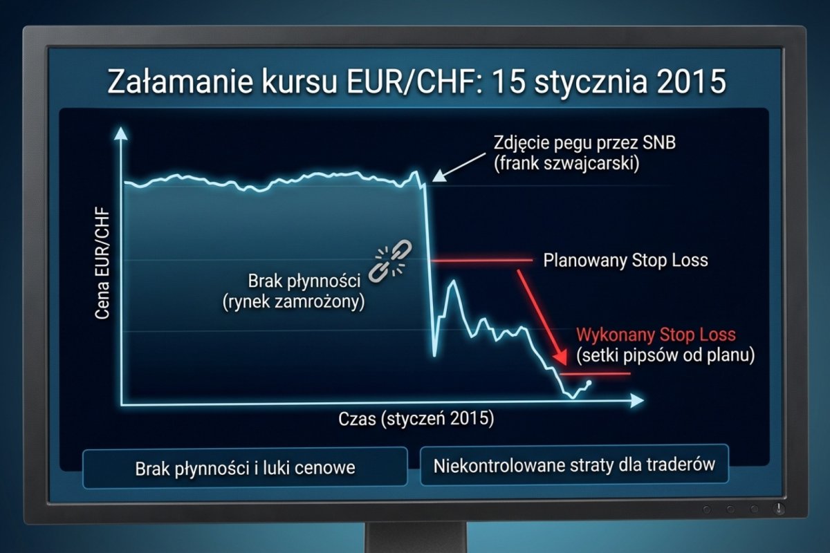 EUR/CHF 15 stycznia 2015 — załamanie kursu po zdjęciu pegu przez SNB, brak płynności i stop lossy wykonane setki pipsów od planu