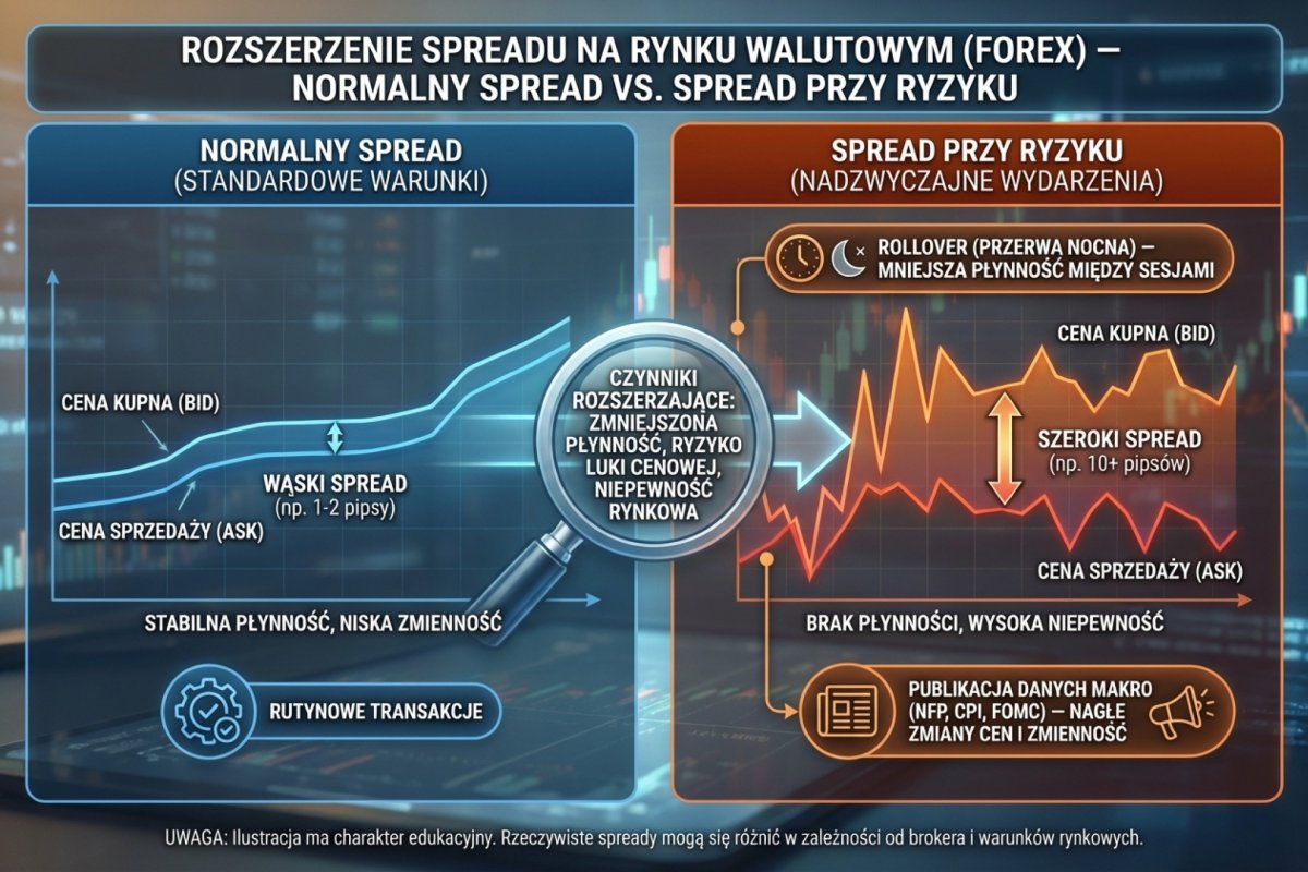 Rozszerzenie spreadu na rynku walutowym — normalny spread vs spread przy rolloverze i publikacji danych makro (NFP, CPI, FOMC)