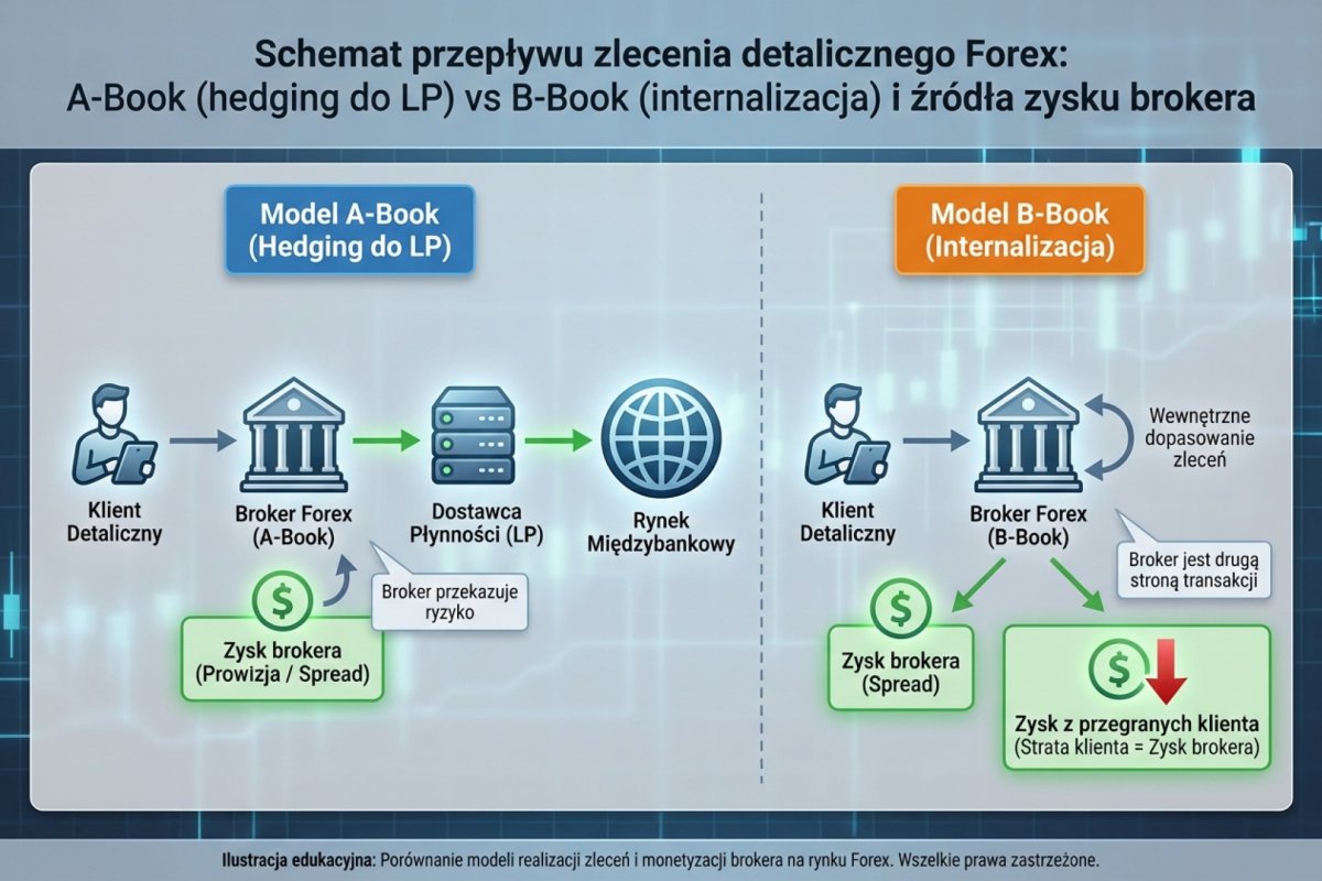 Schemat przepływu zlecenia detalicznego — A-Book (hedging do LP) vs B-Book (internalizacja) z zaznaczeniem, gdzie broker zarabia