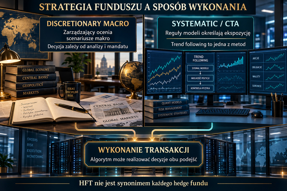 Dwa podejścia do decyzji inwestycyjnych i osobna realizacja transakcji. Dwa podejścia do decyzji inwestycyjnych i odrębna warstwa realizacji transakcji. Schemat jest ilustracyjny.