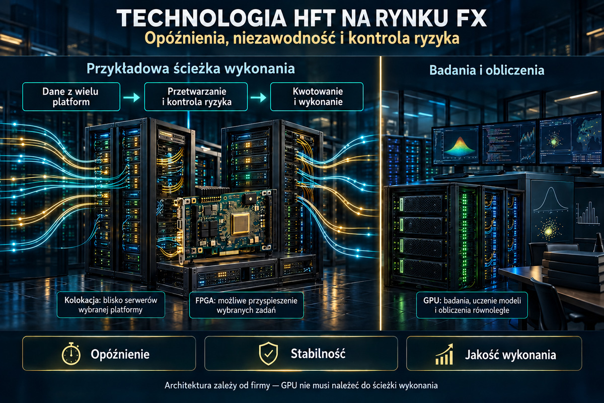 Przykładowa infrastruktura HFT: kolokacja, FPGA i GPU. Przykładowa architektura. Kolokacja dotyczy wybranych platform; użycie FPGA lub GPU zależy od zadań i firmy.