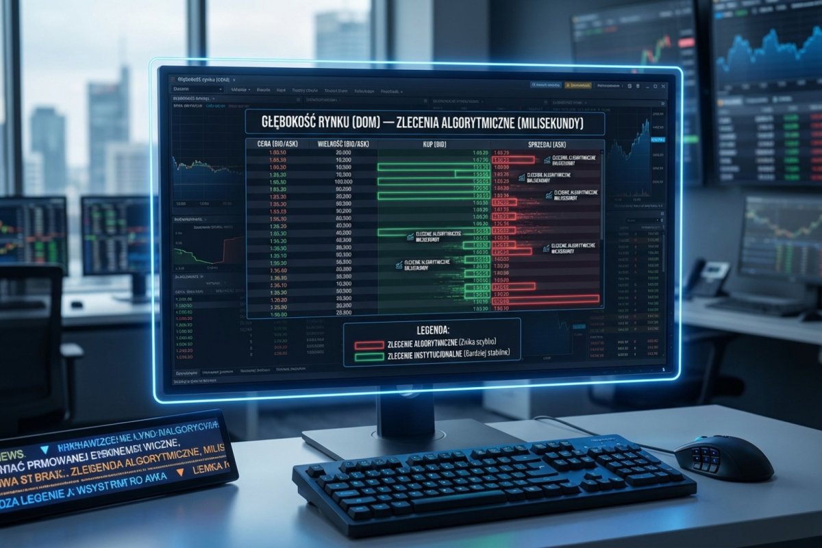 Depth of Market (DOM) z platformy instytucjonalnej — algorytmiczne zlecenia pojawiające się i znikające w milisekundach