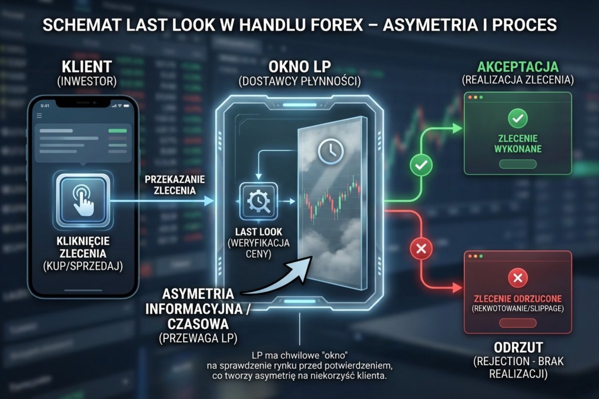 Schemat last look — od kliknięcia klienta przez okno LP do akceptacji lub odrzutu zlecenia, z zaznaczeniem asymetrii