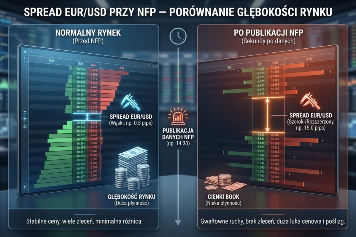 Spread EUR/USD przy NFP — porównanie normalnej głębokości rynku z cienkimi booka w sekundach po publikacji danych