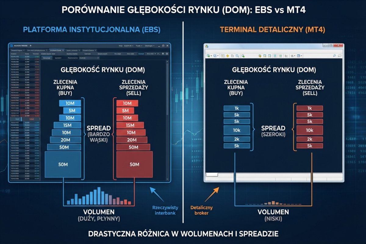 Porównanie głębokości rynku (DOM) na platformie instytucjonalnej EBS vs terminal detaliczny MT4 — drastyczna różnica w wolumenach i spreadzie