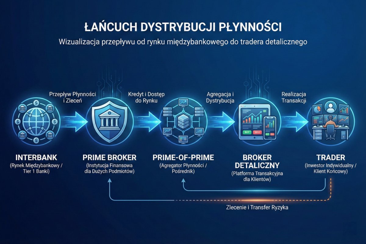 Łańcuch dystrybucji płynności: interbank → prime broker → prime-of-prime → broker detaliczny → trader