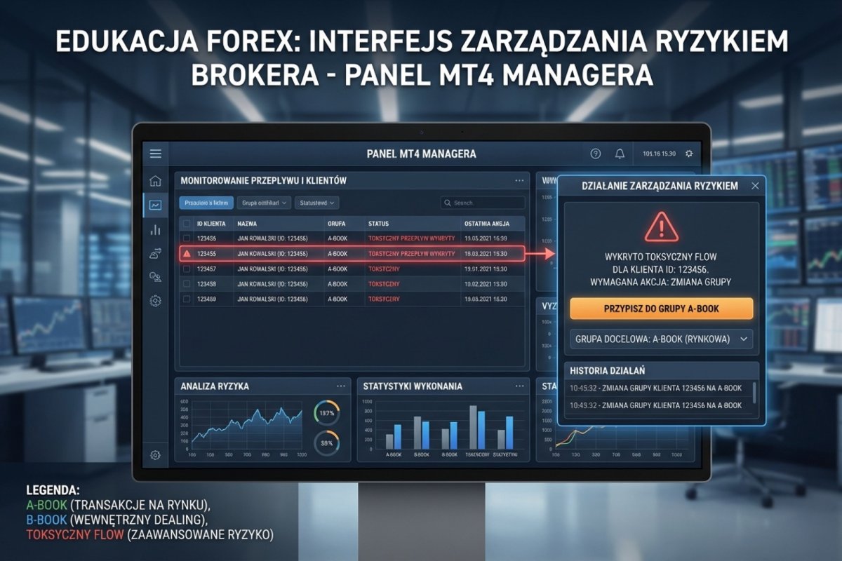 Zrzut z panelu MT4 Managera pokazujący przypisywanie klienta do grupy A-Book po wykryciu toksycznego flow — interfejs zarządzania ryzykiem brokera