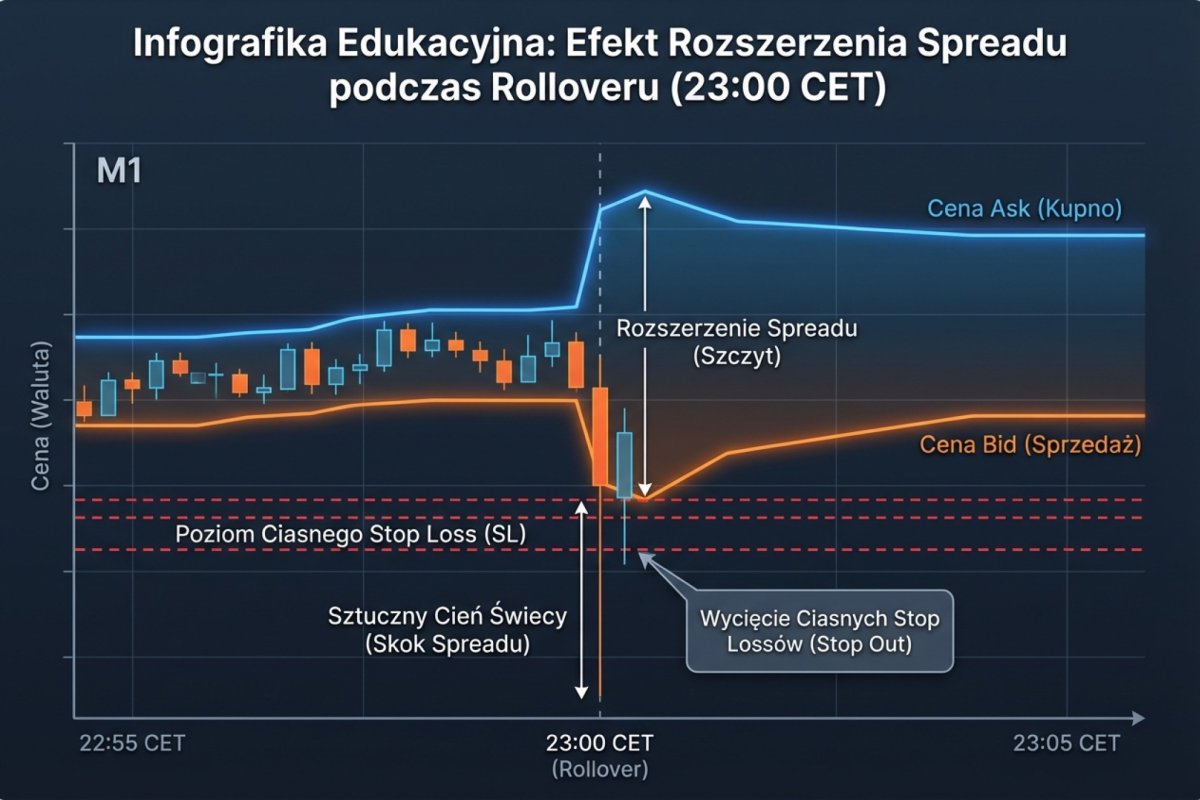 Rozszerzenie spreadu o 23:00 CET podczas rolloveru — wykres M1 pokazujący sztuczny cień świecy wycinający ciasne stop lossy
