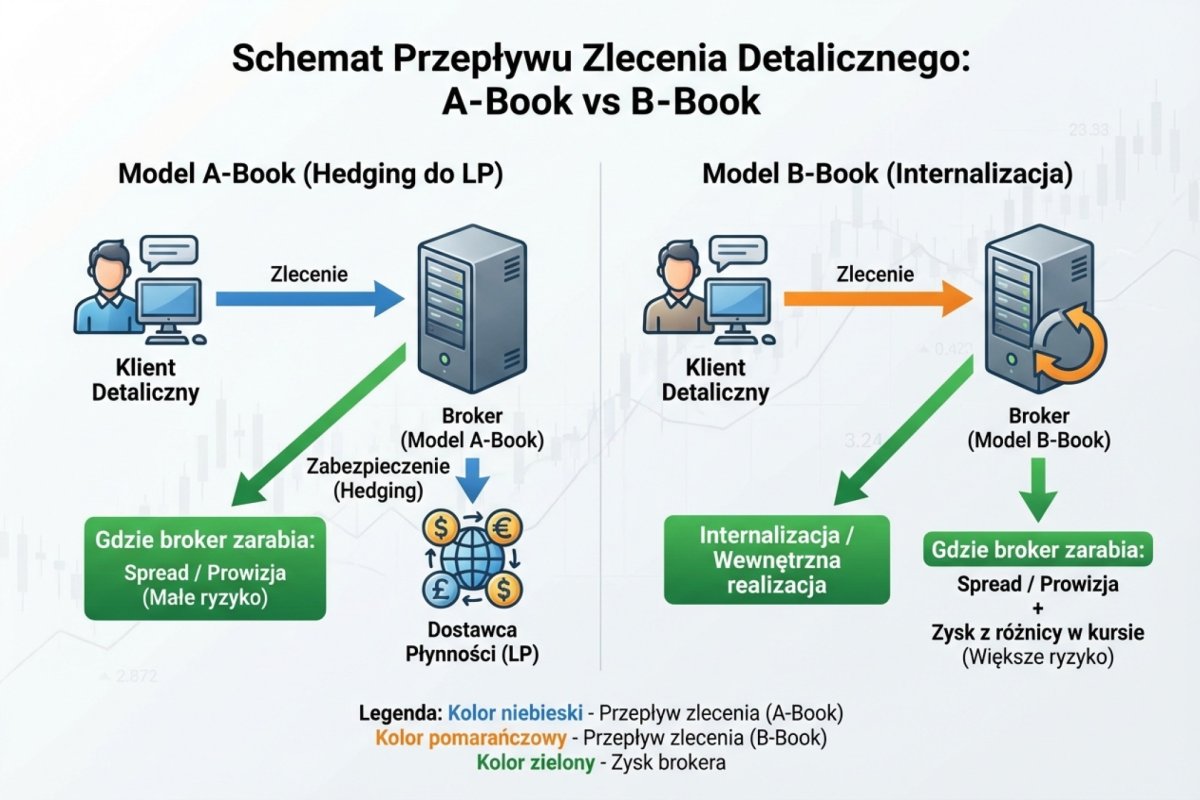 Schemat przepływu zlecenia detalicznego — A-Book (hedging do LP) vs B-Book (internalizacja) z zaznaczeniem, gdzie broker zarabia