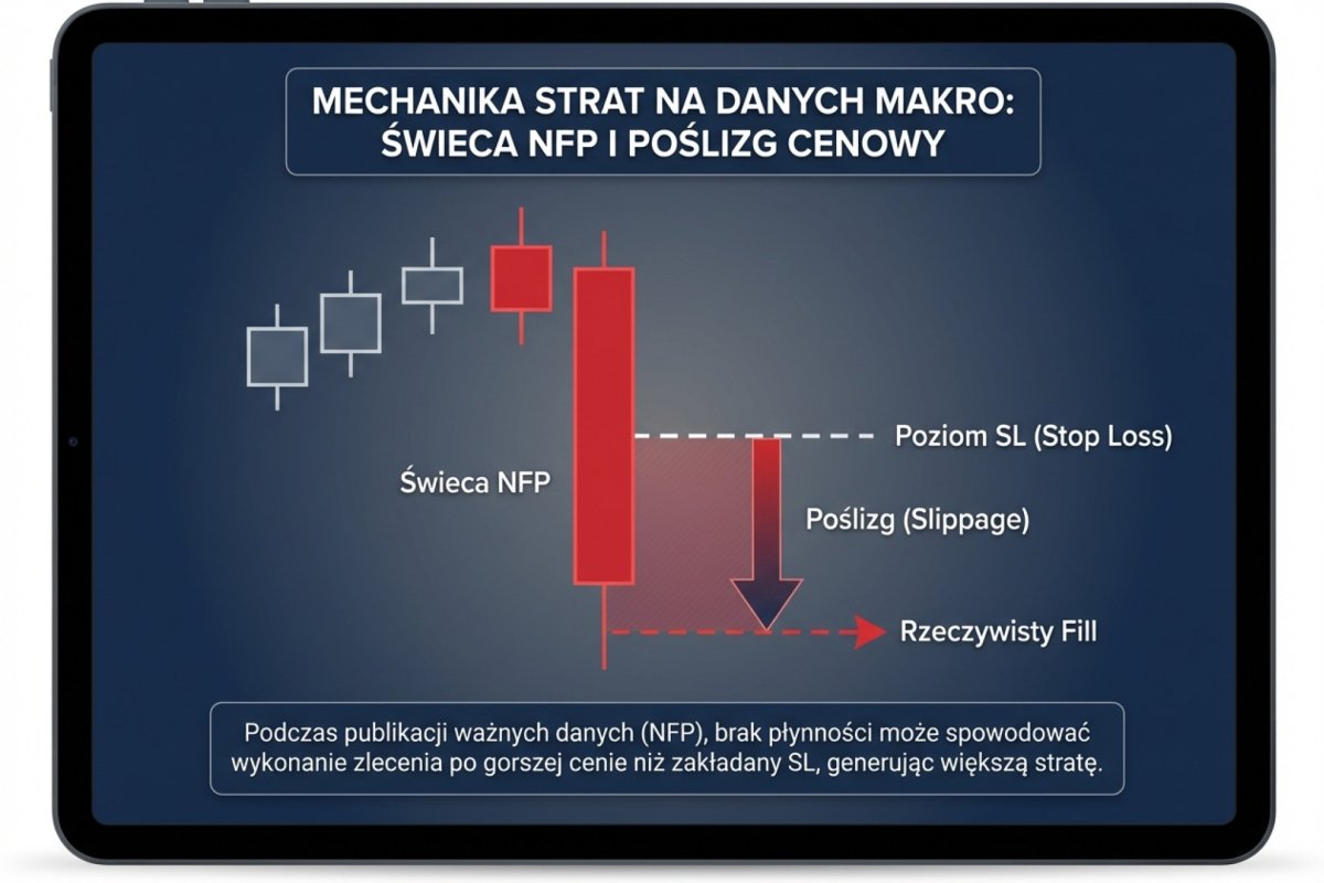 Świeca NFP z zaznaczonym poślizgiem między SL a rzeczywistym fillem — ilustracja mechaniki strat na danych makro