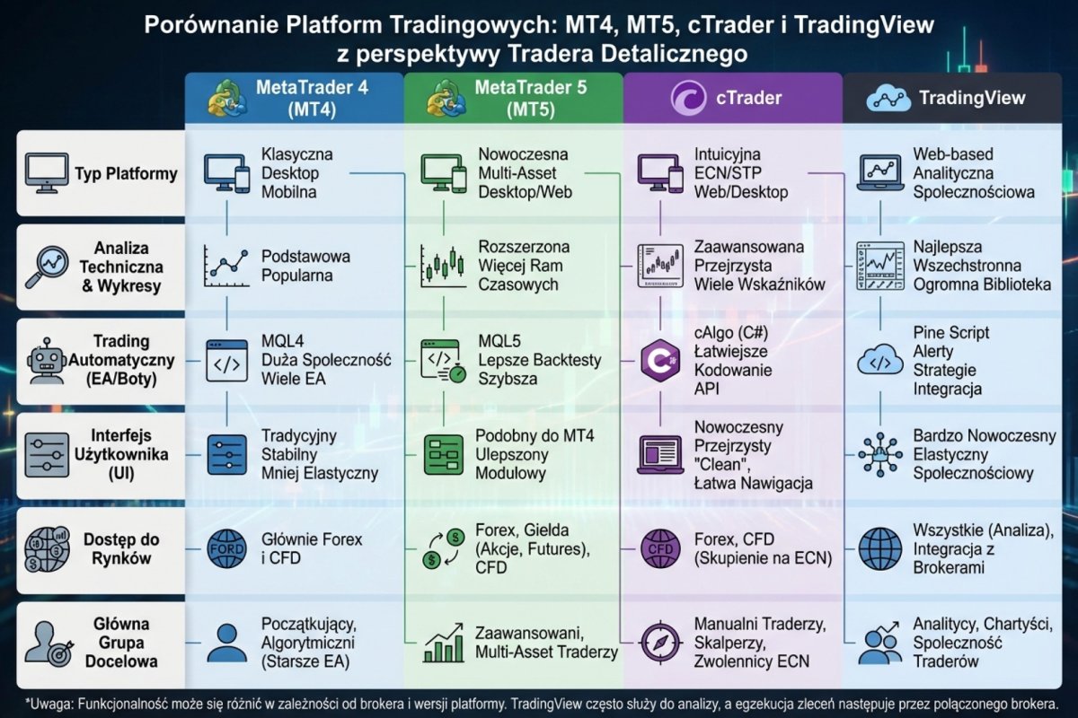 Porównanie platform tradingowych — MT4, MT5, cTrader i TradingView z perspektywy tradera detalicznego