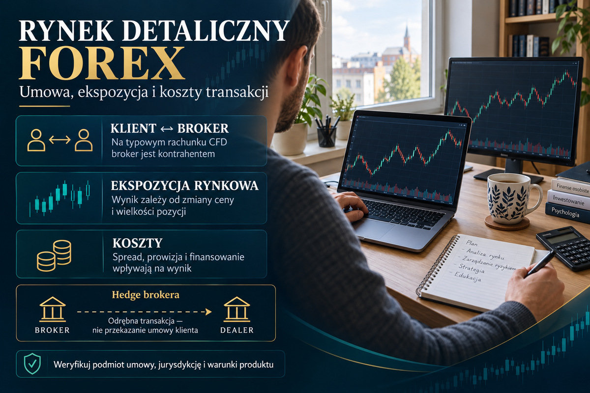 Detaliczny CFD: umowa z brokerem, koszty i zakres ochrony. Typowy model detalicznego CFD. Produkt i ochrona klienta zależą od podmiotu umowy oraz jurysdykcji.