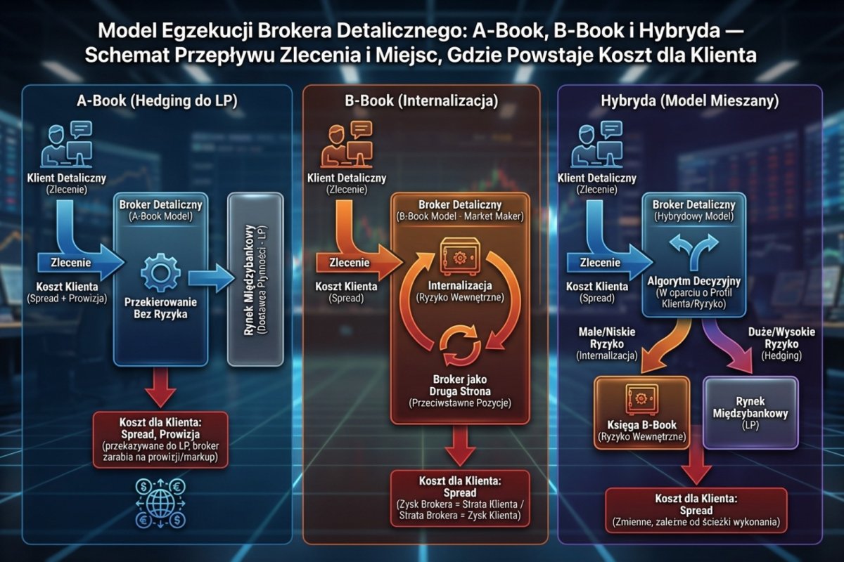 Model egzekucji brokera detalicznego: A-Book (hedging do LP), B-Book (internalizacja) i hybryda — schemat przepływu zlecenia i miejsc, gdzie powstaje koszt dla klienta