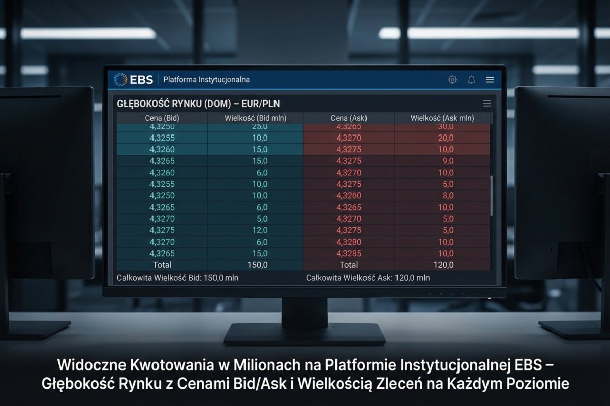 Głębokość rynku (DOM) na platformie instytucjonalnej EBS — widoczne kwotowania w milionach z bid/ask i wielkością zleceń na każdym poziomie cenowym