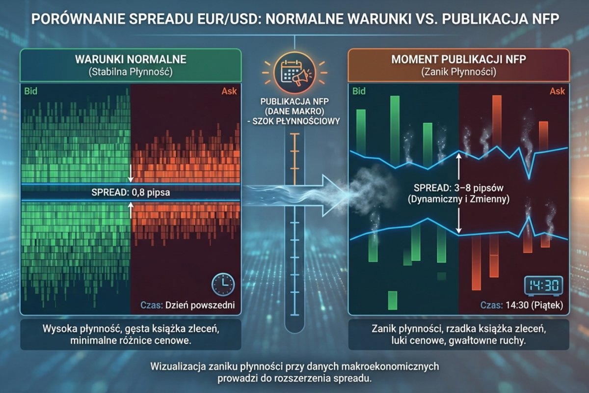 Porównanie spreadu EUR/USD w normalnych warunkach (0,8 pipsa) vs w momencie publikacji NFP (3–8 pipsów) — wizualizacja zaniku płynności przy danych makro