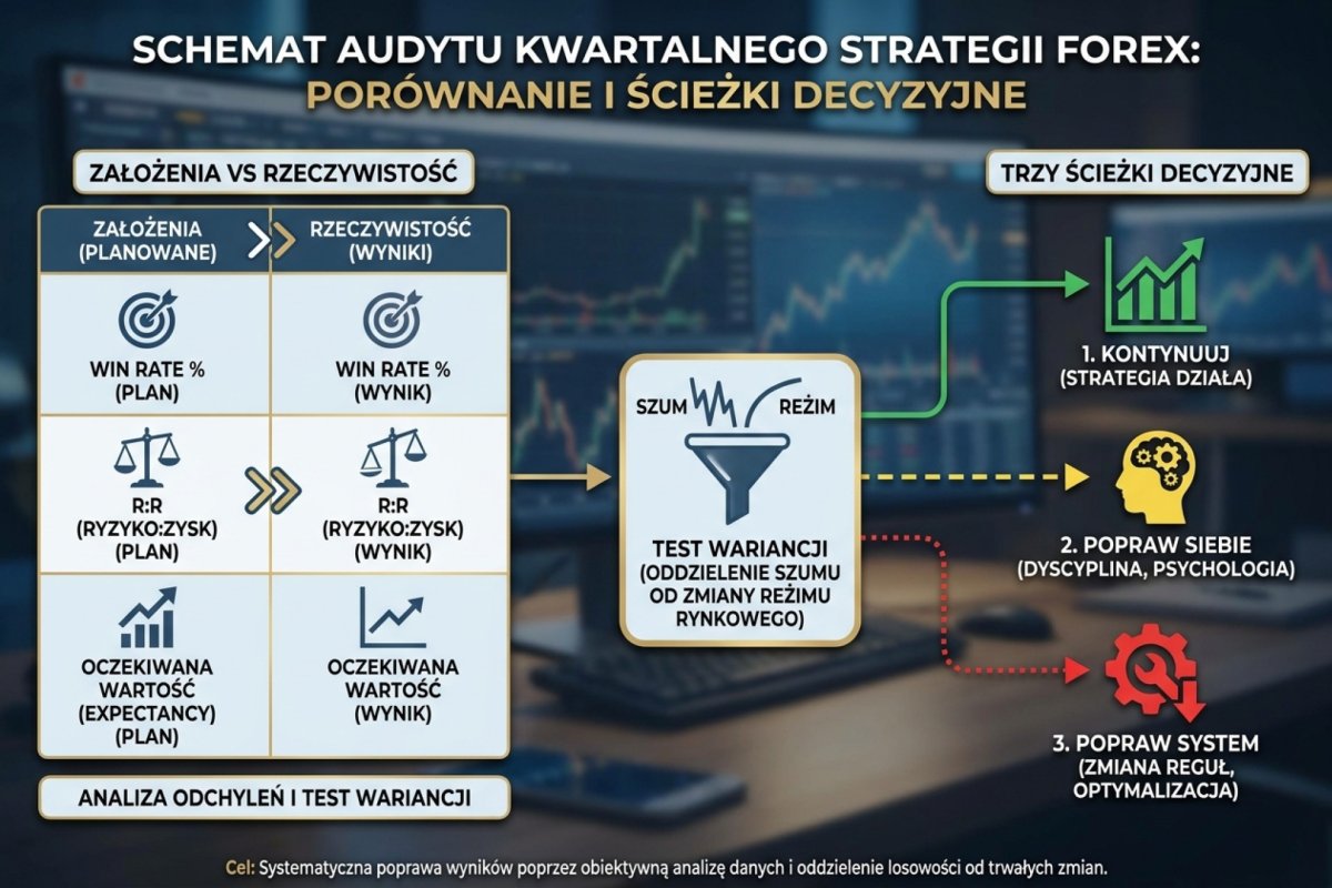 Schemat audytu kwartalnego strategii: porównanie założonego vs rzeczywistego win rate, R:R, expectancy. Trzy ścieżki decyzyjne — kontynuuj, popraw siebie, popraw system. Test wariancji oddzielający szum od zmiany reżimu