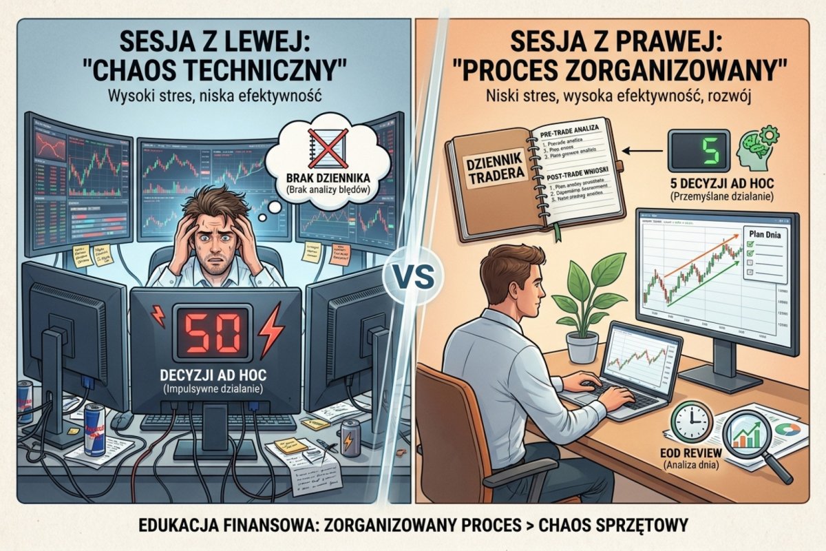 Porównanie dwóch sesji tradingowych — z lewej trader ze sprzętem (3 monitory, 50 decyzji ad hoc dziennie, brak dziennika), z prawej trader z procesem (laptop + monitor, 5 decyzji ad hoc, pełny zapis pre/post-trade, EOD review)