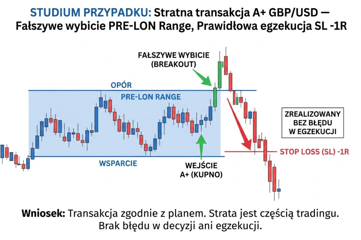 Case study stratnej transakcji A+ z prawidłową egzekucją na GBP/USD — fałszywe wybicie pre-LON range, SL zrealizowany na −1R bez błędu w decyzji ani egzekucji