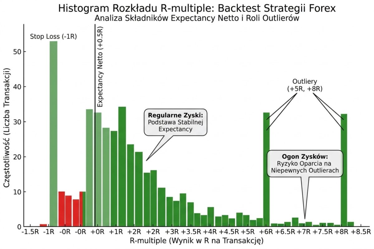 Histogram rozkładu R-multiple w backteście strategii Forex z pionową linią expectancy netto — rozrzut wyników w R per trade, lewa strona obcięta na −1R przez Stop Loss, prawa strona z ogonem zysków powyżej +2R. Wizualizacja pokazuje, czy expectancy strategii jest zbudowana na całym rozkładzie regularnych zysków, czy na kilku outlierach +5R/+8R, których powtórzenie w forward teście jest niepewne