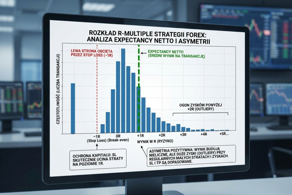 Histogram rozkładu R-multiple strategii z pionową linią expectancy netto — rozrzut wyników w R per trade, lewa strona obcięta na −1R przez Stop Loss, prawa strona z ogonem zysków powyżej +2R. Asymetria rozkładu pokazuje, czy wynik robią regularne małe zyski, czy kilka outlierów, oraz czy SL i TP są dopasowane do faktycznego profilu transakcji