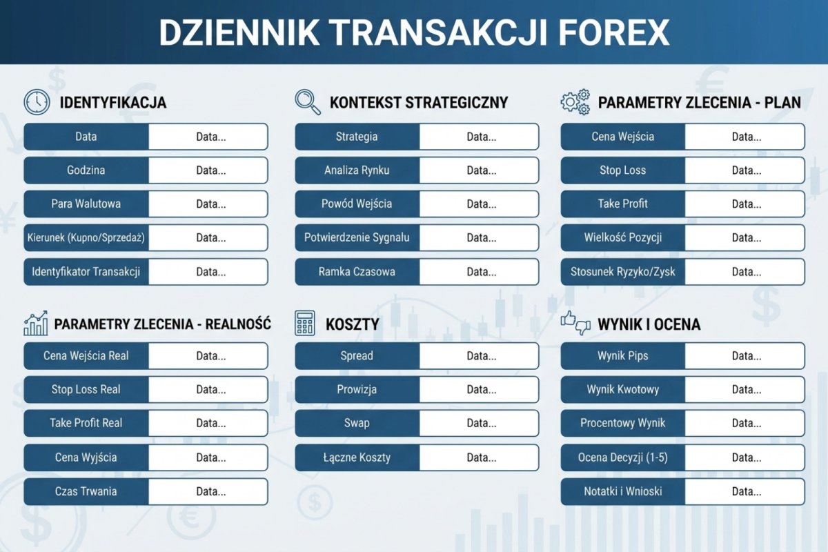 Szablon dziennika transakcji Forex z 25 polami — identyfikacja, kontekst strategiczny, parametry zlecenia plan vs realność, koszty, wynik, ocena jakości decyzji