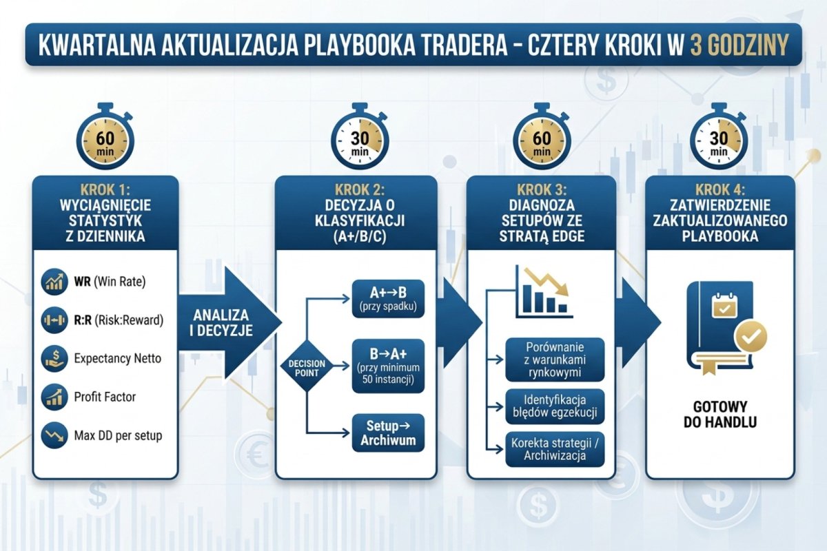 Flowchart kwartalnej aktualizacji playbooka tradera — cztery kroki w 3 godzinach. Krok 1 (60 min) wyciągnięcie statystyk z dziennika: WR, R:R, expectancy netto, Profit Factor, max DD per setup. Krok 2 (30 min) decyzja o klasyfikacji A+/B/C z decision pointami: A+→B przy spadku, B→A+ przy minimum 50 instancji, setup→archiwum. Krok 3 (60 min) diagnoza setupów ze stratą edge'u — reżim, koszty, p-hacking. Krok 4 (30 min) implementacja: zapis nowej wersji, archiwizacja starej, opis zmian w changelog