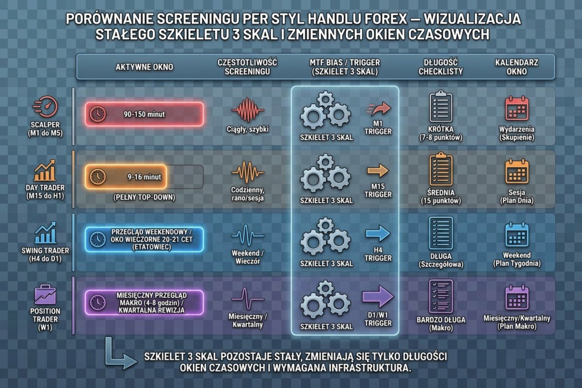 Porównanie screeningu per styl handlu Forex — scalper M1 do M5 z aktywnym oknem 90-150 minut i checklistą 7-8 punktów, day trader M15 do H1 z pełnym top-down 9-16 minut i checklistą 15 punktów, swing H4 do D1 z przeglądem weekendowym i okiem wieczornym 20-21 CET dla etatowca, position trader W1 z miesięcznym przeglądem makro 4-8 godzin i kwartalną rewizją. Cztery kolumny porównawcze: aktywne okno, częstotliwość screeningu, MTF bias/trigger, długość checklisty, kalendarz okno. Wizualizacja pokazuje, że szkielet 3 skal pozostaje stały, zmieniają się tylko długości okien i wymagana infrastruktura