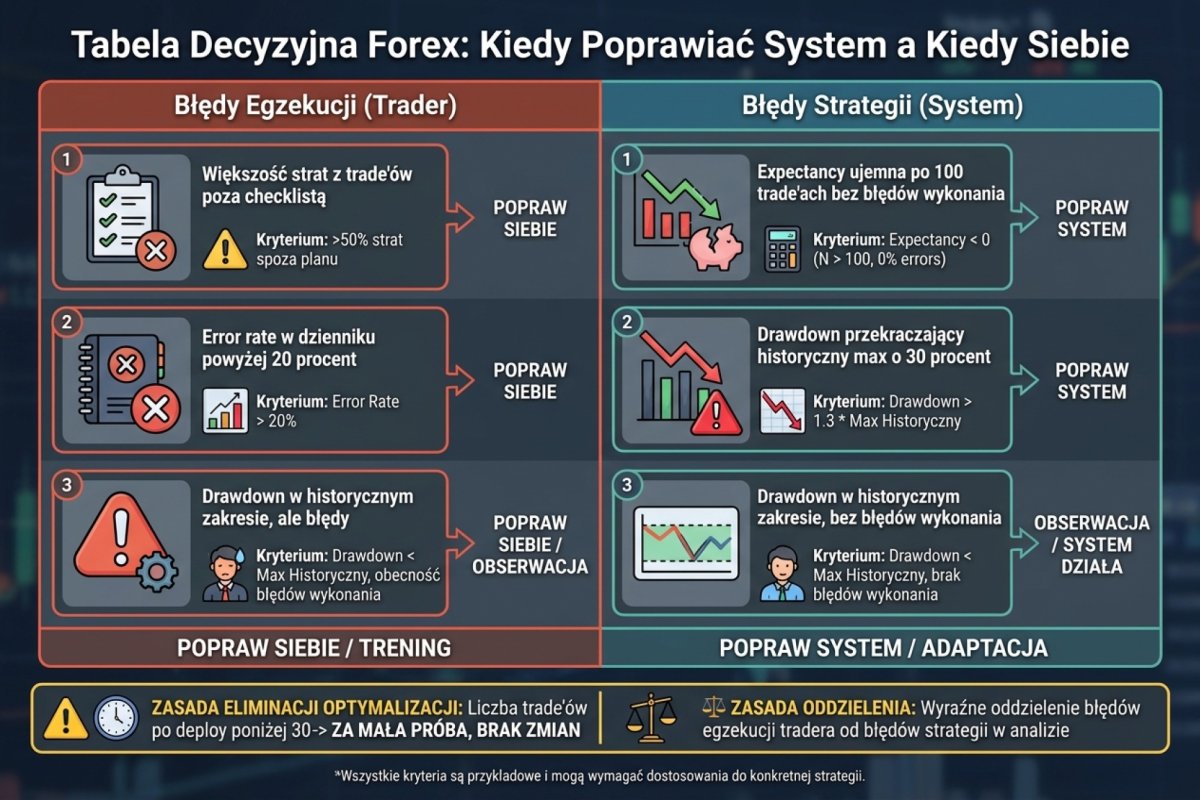 Tabela decyzyjna w screeningu Forex — kiedy poprawiać system a kiedy siebie. Sześć sytuacji z kryteriami liczbowymi: liczba trade ów po deploy poniżej 30, error rate w dzienniku powyżej 20 procent, expectancy ujemna po 100 trade ach bez błędów wykonania, drawdown przekraczający historyczny max o 30 procent, większość strat z trade ów poza checklistą, drawdown w historycznym zakresie. Wizualizacja oddziela błędy egzekucji tradera od błędów strategii i eliminuje optymalizację parametrów na zbyt małej próbie po wdrożeniu