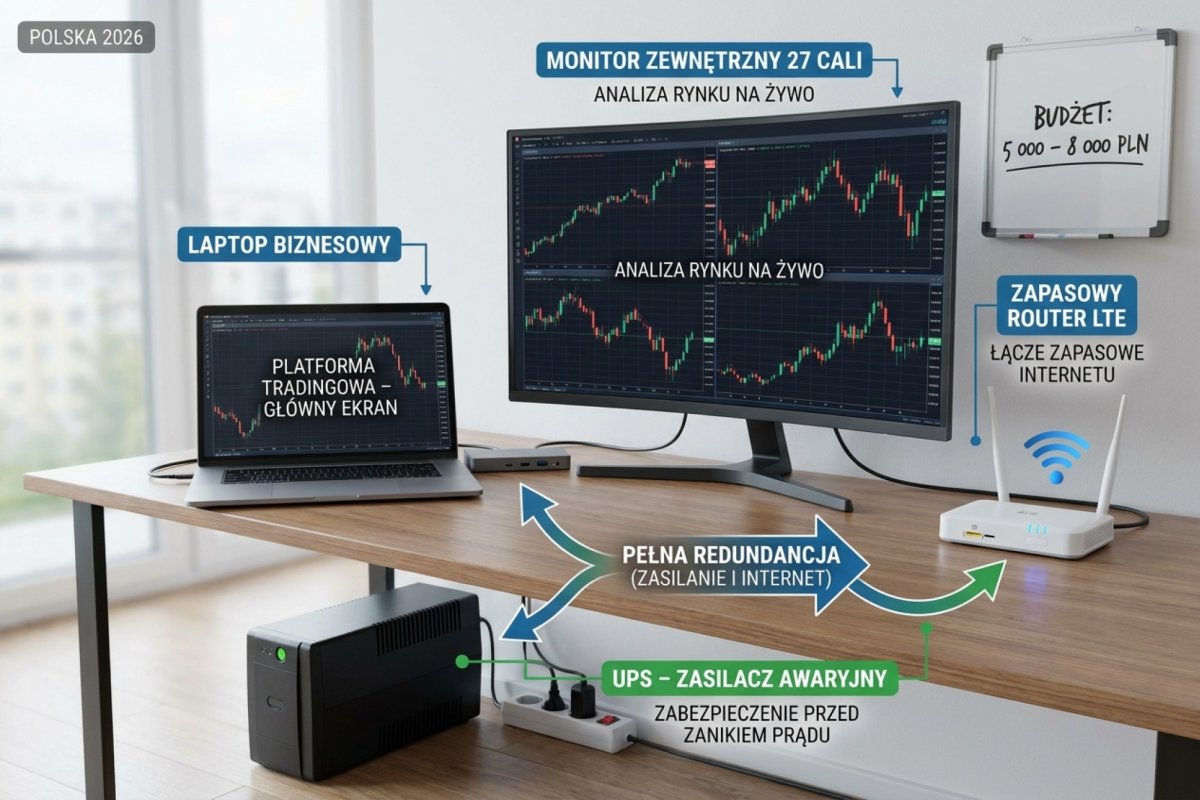 Realistyczne stanowisko tradera Forex w Polsce 2026 — laptop biznesowy + zewnętrzny monitor 27 cali + UPS + zapasowy router LTE, czyli pełna redundancja w budżecie 5 000-8 000 PLN