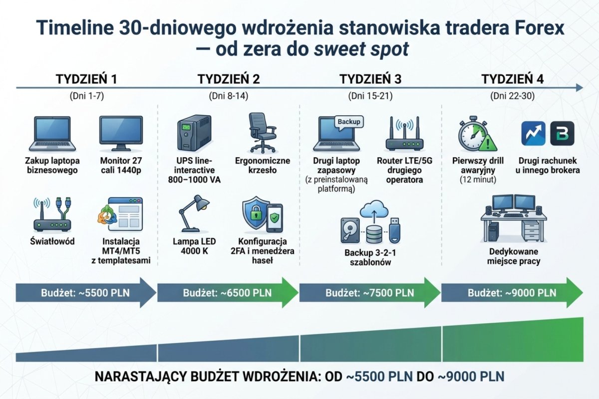 Timeline 30-dniowego wdrożenia stanowiska tradera Forex — od zera do sweet spot. Tydzień 1: zakup laptopa biznesowego, monitora 27 cali 1440p i światłowodu, instalacja MT4/MT5 z templatesami. Tydzień 2: UPS line-interactive 800–1000 VA, ergonomiczne krzesło, lampa LED 4000 K, konfiguracja 2FA i menedżera haseł. Tydzień 3: drugi laptop zapasowy z preinstalowaną platformą, router LTE/5G drugiego operatora, backup 3-2-1 szablonów. Tydzień 4: pierwszy drill awaryjny 12 minut, drugi rachunek u innego brokera, dedykowane miejsce pracy. Budżet narastający z ~5500 PLN do ~9000 PLN