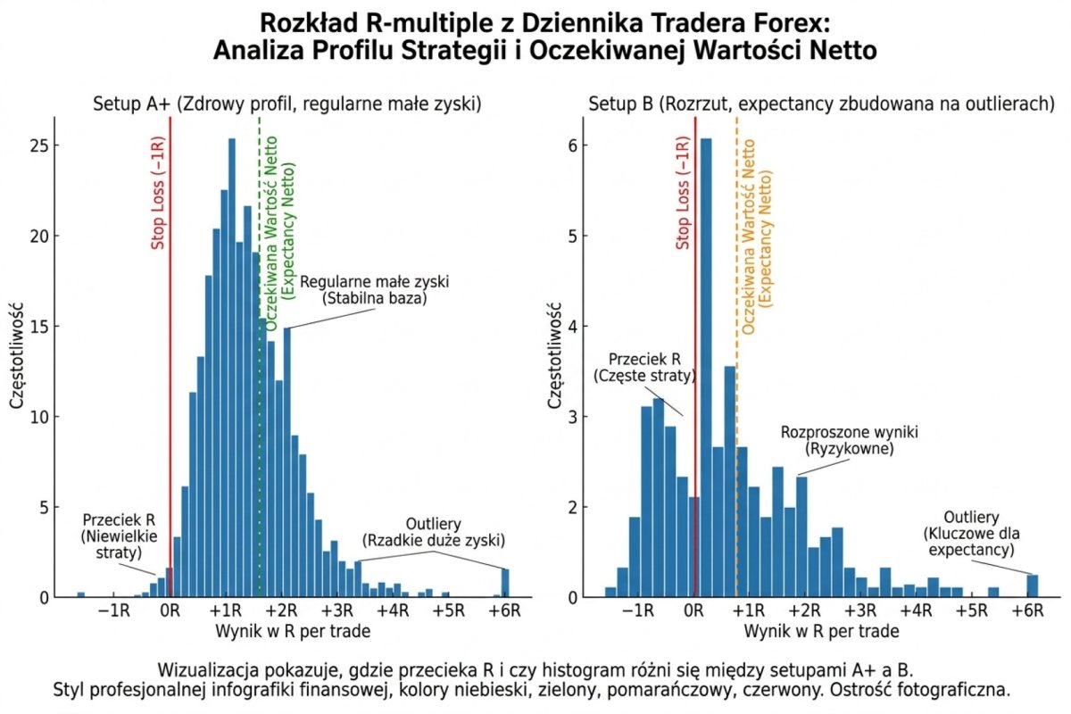 Histogram rozkładu R-multiple z dziennika tradera Forex z pionową linią expectancy netto — rozrzut wyników w R per trade pokazujący, czy strategia ma zdrowy profil regularnych małych zysków, czy expectancy jest zbudowana na kilku outlierach. Lewy ogon obcięty na −1R przez stop loss, prawy ogon w stronę większych zysków. Wizualizacja pokazuje, gdzie przecieka R i czy histogram różni się między setupami A+ a B