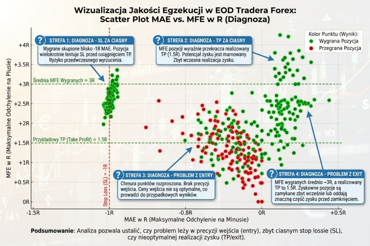 MAE MFE scatter plot diagnozy jakości egzekucji w EOD tradera Forex — oś X to MAE w R, oś Y to MFE w R, kolor punktu wygrany/przegrany. Cztery strefy diagnostyczne: SL za ciasny gdy wygrane skupione blisko −1R MAE, TP za ciasny gdy MFE pozycji wyraźnie przekracza realizowany TP, problem z entry gdy chmura punktów rozproszona, problem z exit gdy MFE wygranych średnio 3R a TP 1,5R. Wizualizacja odpowiada na pytanie czy problem jest w wejściu, w stop lossie czy w realizacji zysku