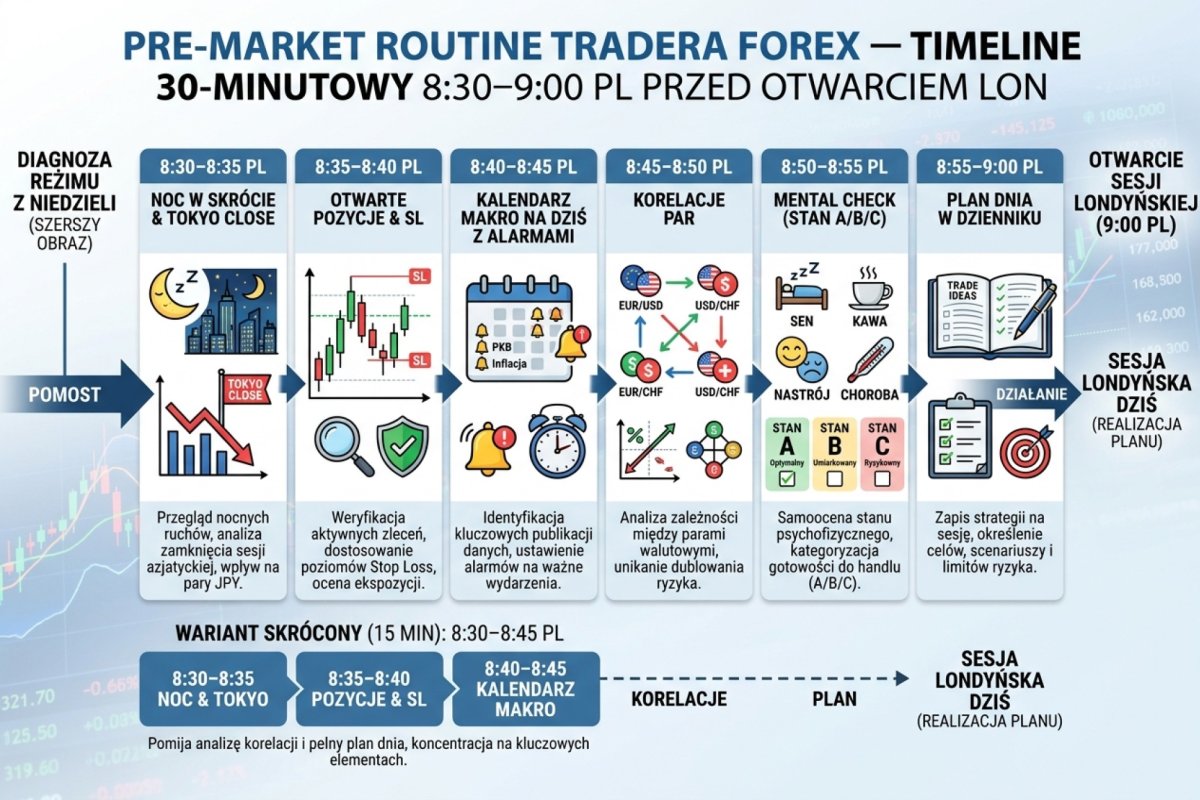 Pre-market routine tradera Forex — timeline 30-minutowy 8:30–9:00 PL przed otwarciem LON. Sześć bloków minutowych: noc w skrócie i Tokyo close, otwarte pozycje i SL, kalendarz makro na dziś z alarmami, korelacje par, mental check (sen, kawa, nastrój, choroba) ze stanami A/B/C, plan dnia w dzienniku. Wariant skrócony 15 min pomija korelacje i pełny plan. Wizualizacja pokazuje, dlaczego pre-market jest pomostem między diagnozą reżimu z niedzieli a sesją dziś