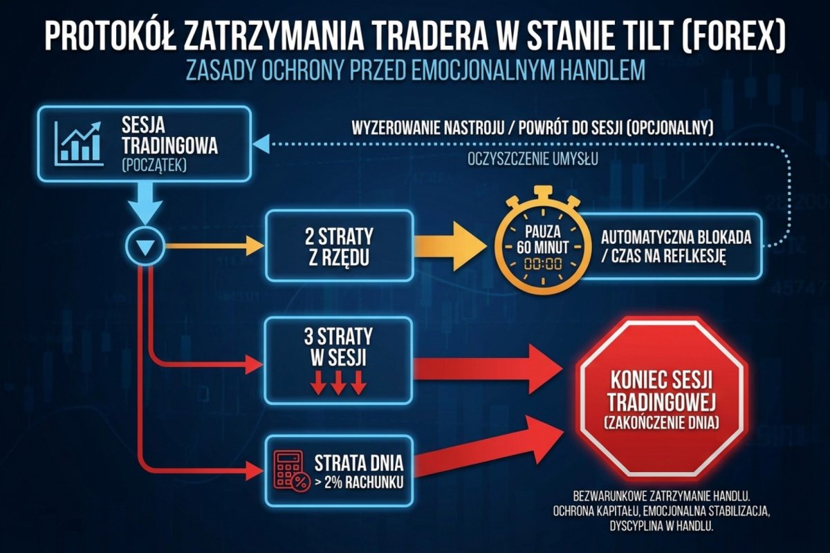 Protokół zatrzymania tradera w stanie tilt — pauza 60 minut po 2 stratach z rzędu, koniec sesji po 3 stratach lub stracie dnia powyżej 2% rachunku