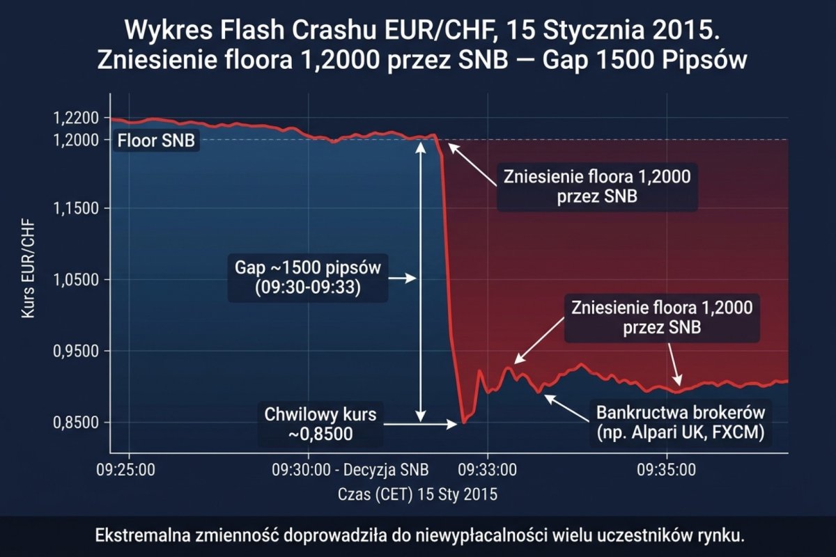 Wykres flash crashu EUR/CHF 15 stycznia 2015 po decyzji SNB o zniesieniu floora 1,2000 — gap 1500 pipsów w pierwszych 3 minutach i bankructwa kilku brokerów detalicznych