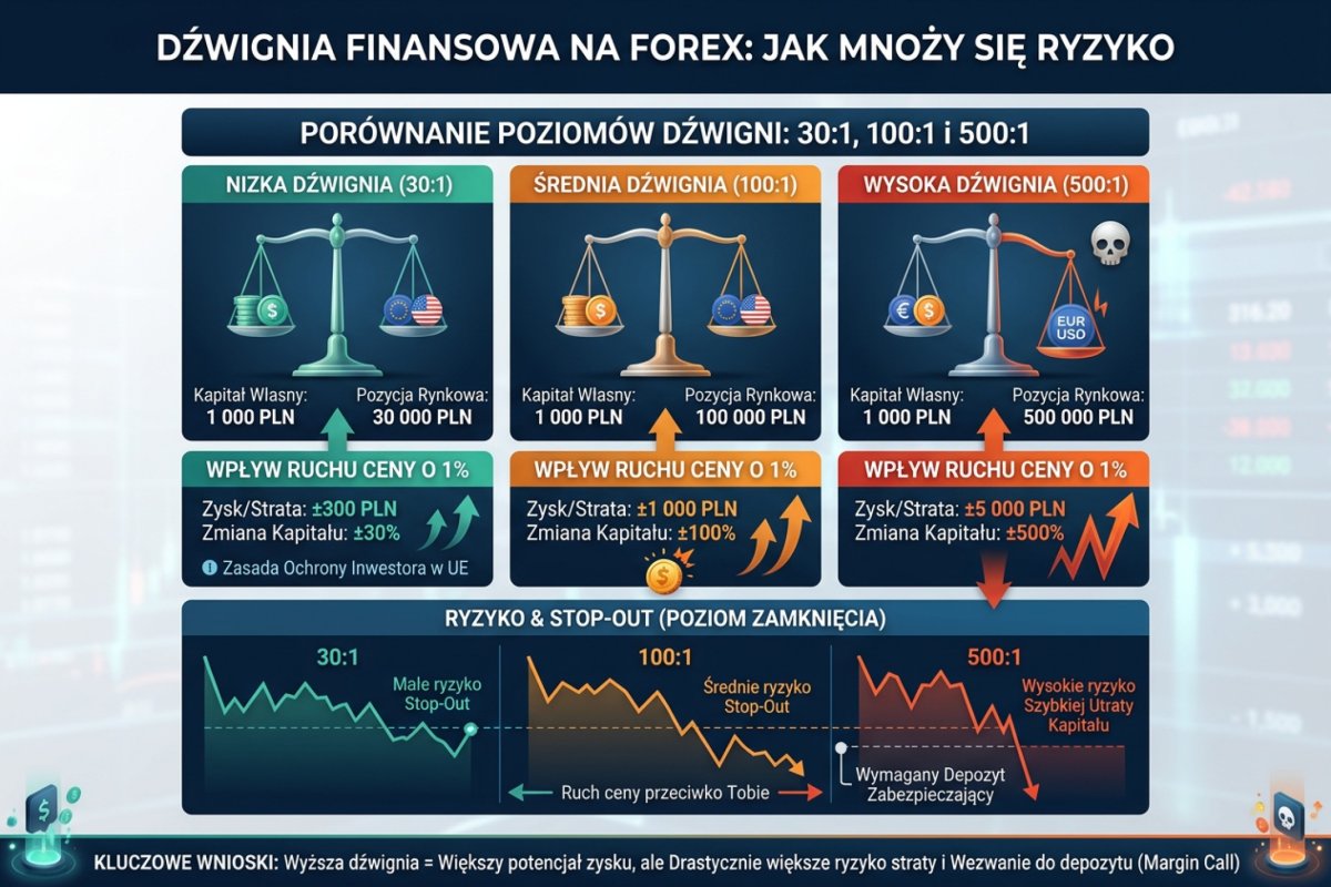 Jak dźwignia finansowa na Forex mnoży ryzyko — porównanie 30:1, 100:1 i 500:1