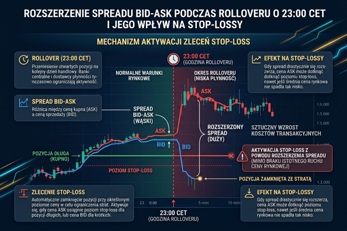 Rozszerzenie spreadu bid-ask podczas rolloveru o 23:00 CET — mechanizm aktywacji stop-lossów