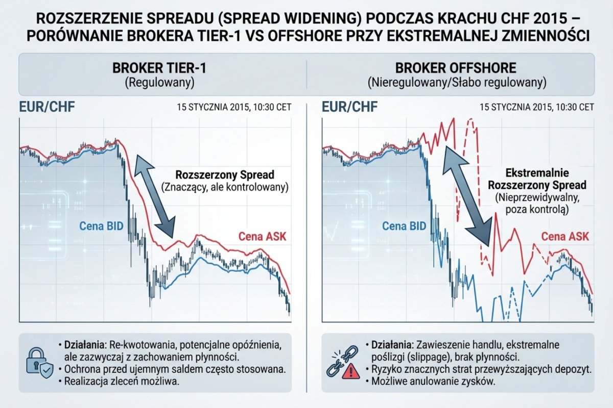 Spread widening podczas CHF 2015 — porównanie zachowania brokera tier-1 vs offshore przy ekstremalnej zmienności