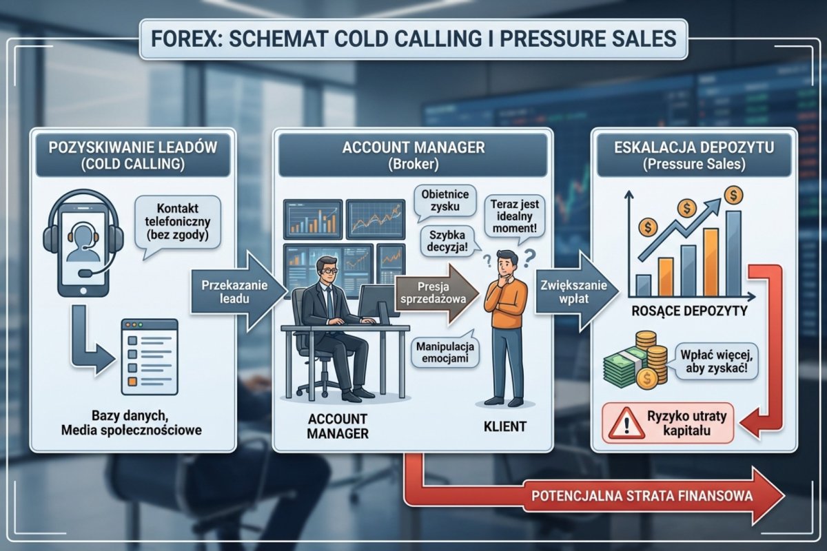 Cold calling i pressure sales u brokera Forex — lead generation, account manager, eskalacja depozytu