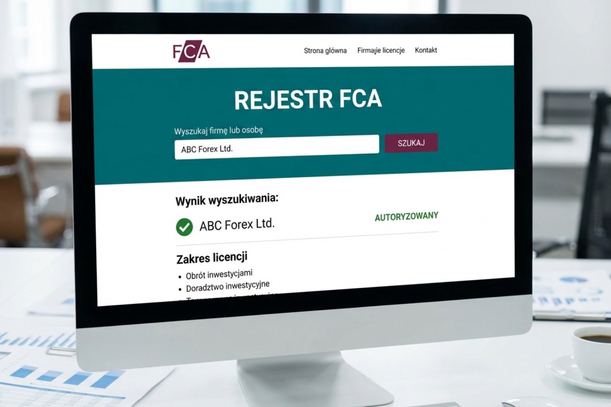 Screenshot FCA Register — pole wyszukiwania, wynik z nazwą firmy, status Authorised i zakres licencji dealing in investments
