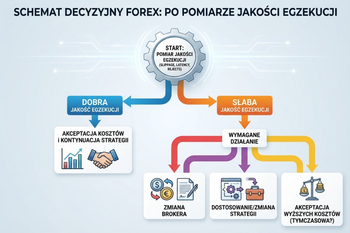 Schemat decyzyjny po pomiarze jakości egzekucji — zmiana brokera, strategii lub akceptacja kosztów