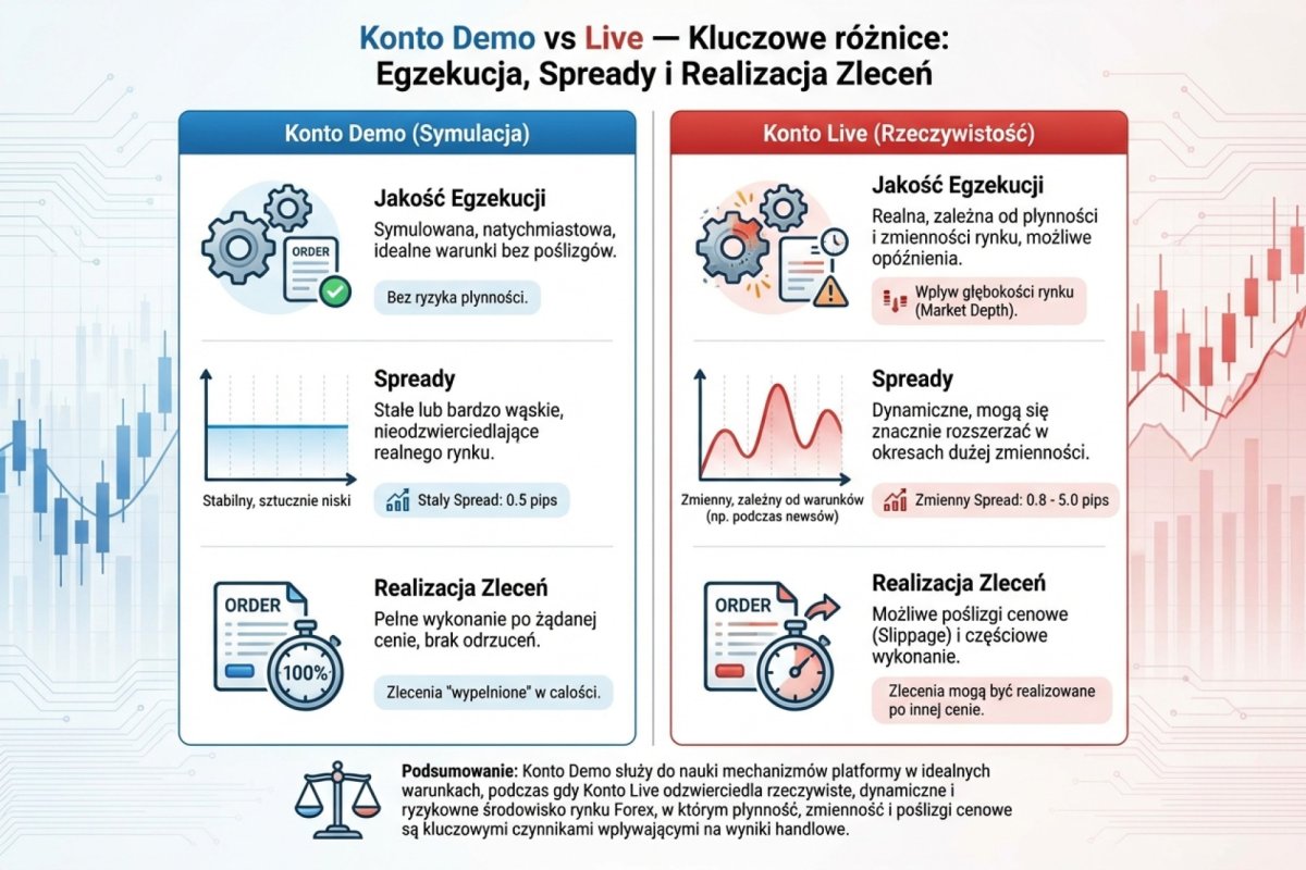 Konto demo vs live — kluczowe różnice w jakości egzekucji, spreadach i realizacji zleceń