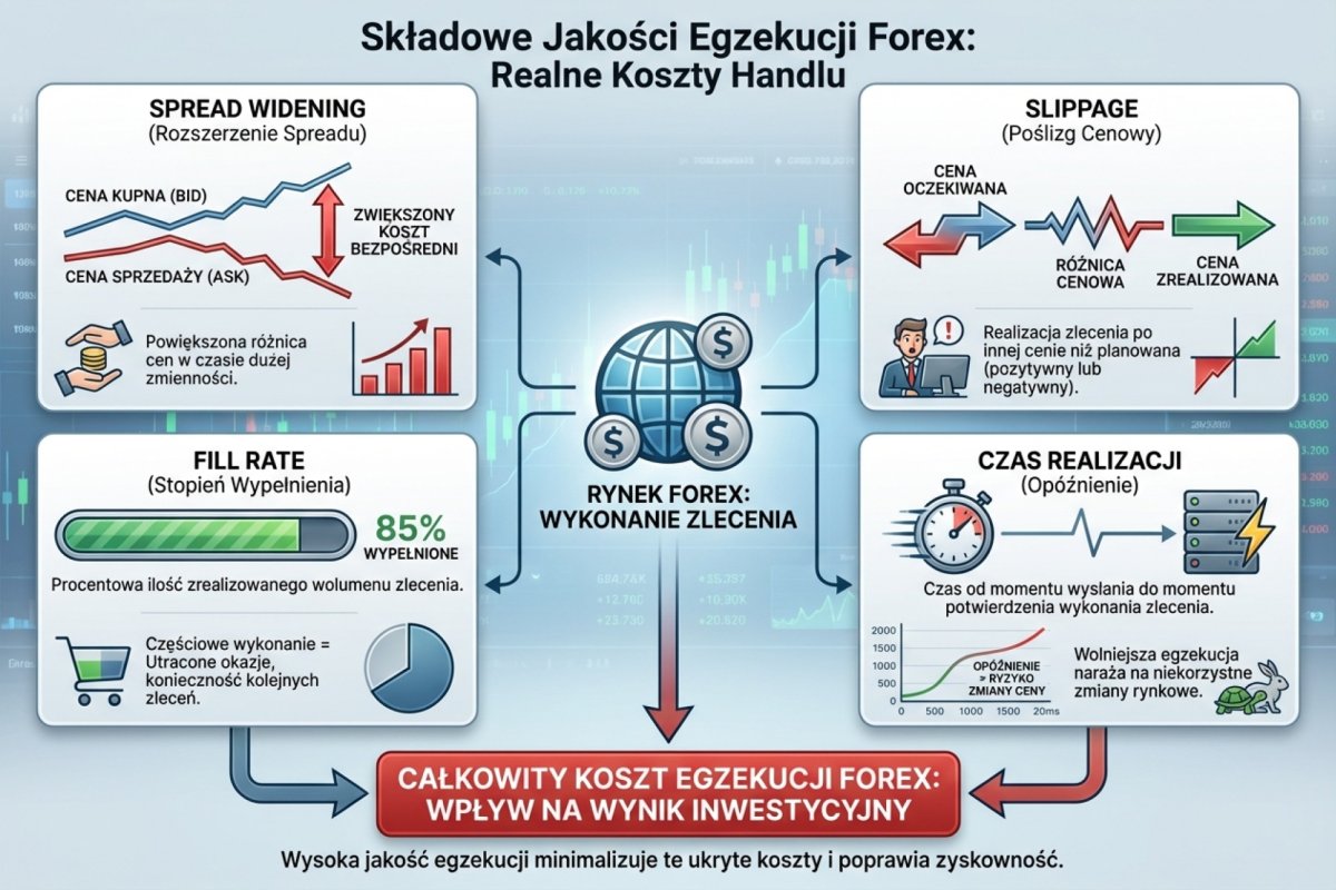 Składowe jakości egzekucji Forex — slippage, fill rate, czas realizacji i spread widening jako realne koszty handlu