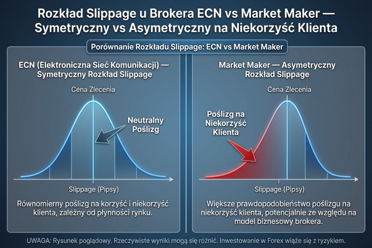 Rozkład slippage u brokera ECN vs market maker — symetryczny vs asymetryczny na niekorzyść klienta