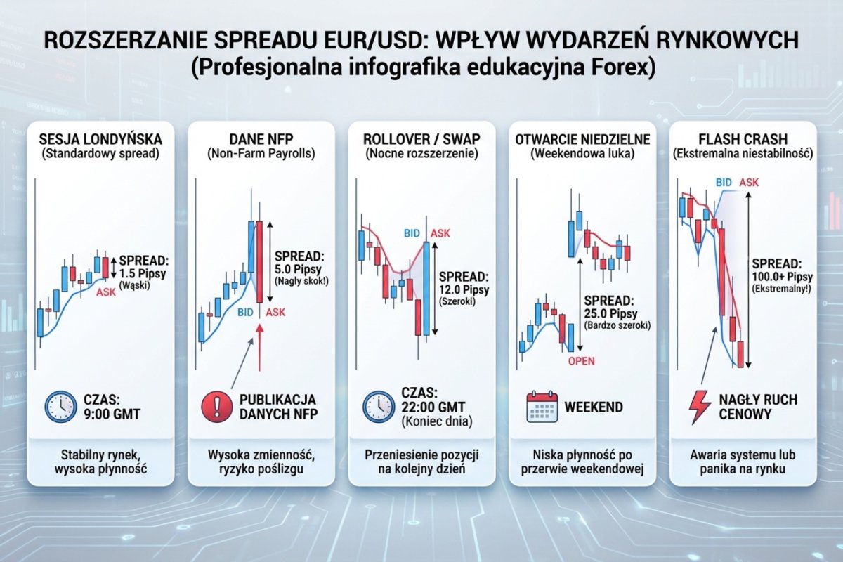 Spread widening EUR/USD przy różnych wydarzeniach — sesja londyńska, NFP, rollover, otwarcie niedzielne, flash crash