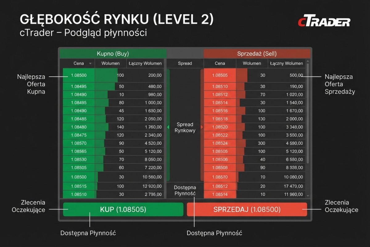 Widok Depth of Market (Level 2) w cTrader — podgląd głębokości kwotowań i dostępnej płynności