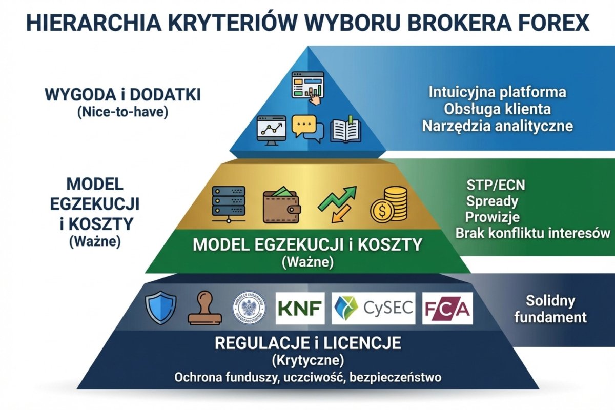 Hierarchia kryteriów wyboru brokera Forex — od regulacji (krytyczne) przez model egzekucji i koszty (ważne) po wygodę (nice-to-have)
