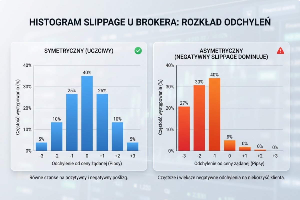 Histogram slippage u brokera — rozkład odchyleń od ceny żądanej: symetryczny (uczciwy) vs asymetryczny (negatywny slippage dominuje)